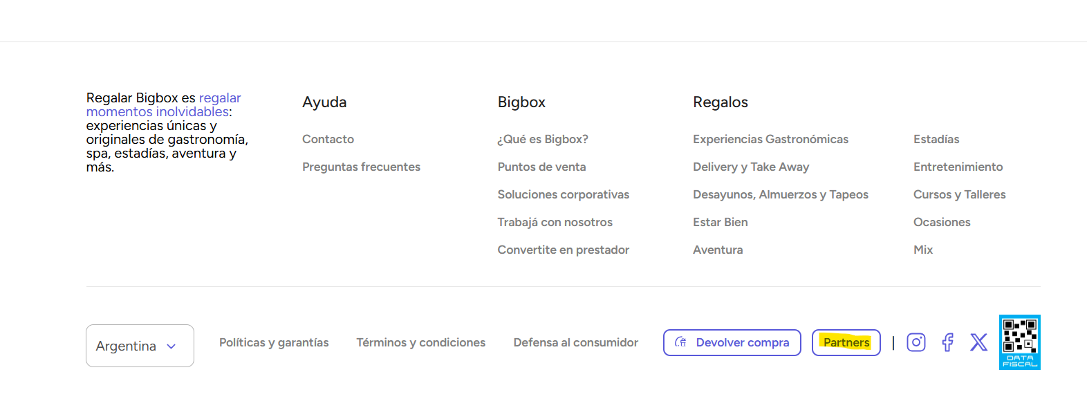 Pie de página de la web de Bigbox con el acceso a Partners