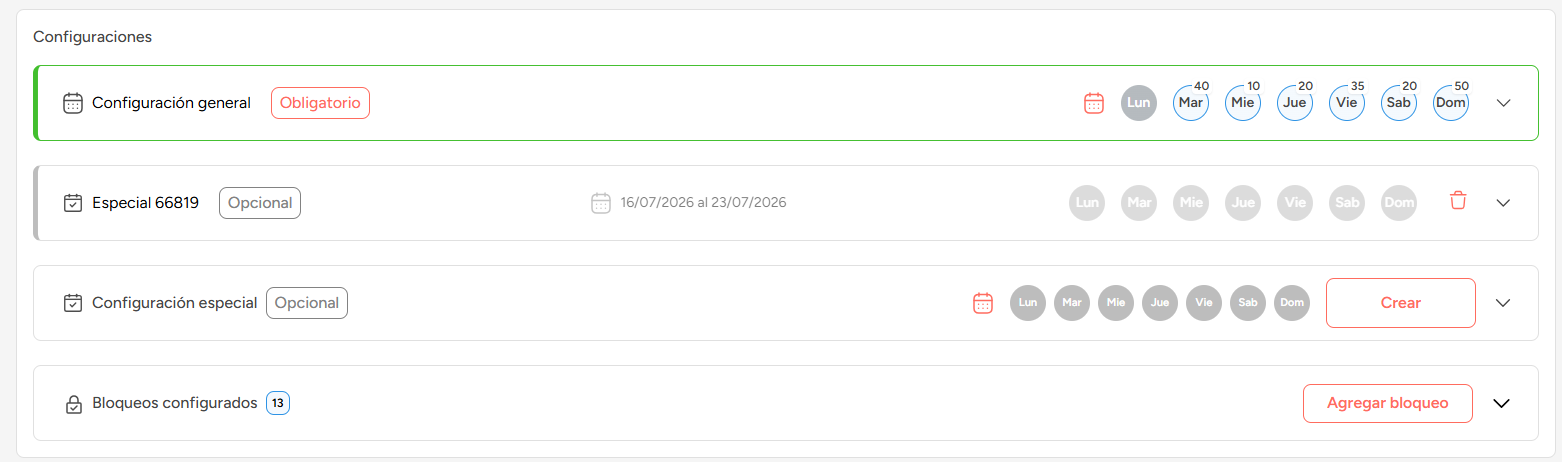 Lista de Configuraciones con configuración general, especial y bloqueos