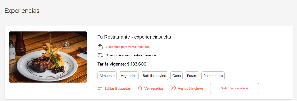 Listado de experiencias con tags, cantidad de personas que la vivieron y tarifa vigente
