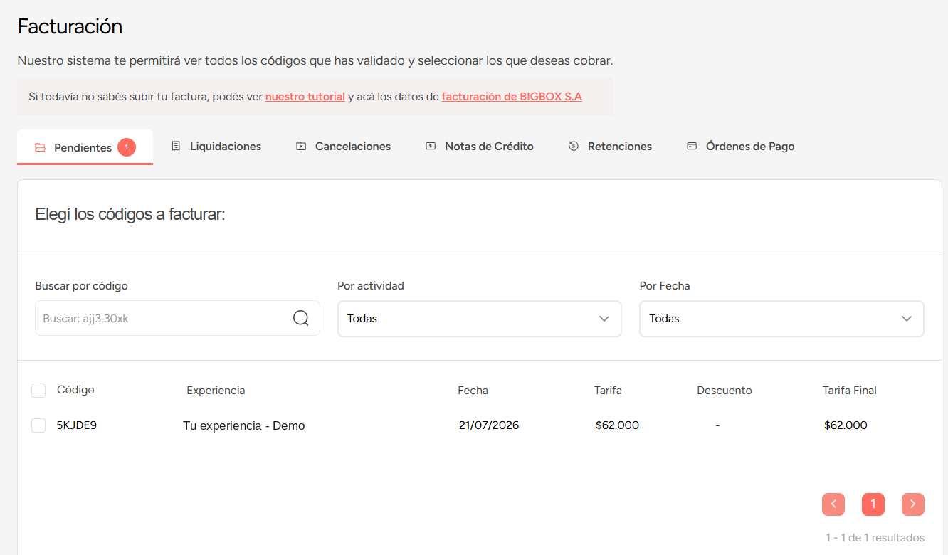 Pantalla de Facturación con la pestaña Pendientes activa, y las pestañas Liquidaciones, Cancelaciones, Notas de Crédito, Retenciones y Órdenes de Pago