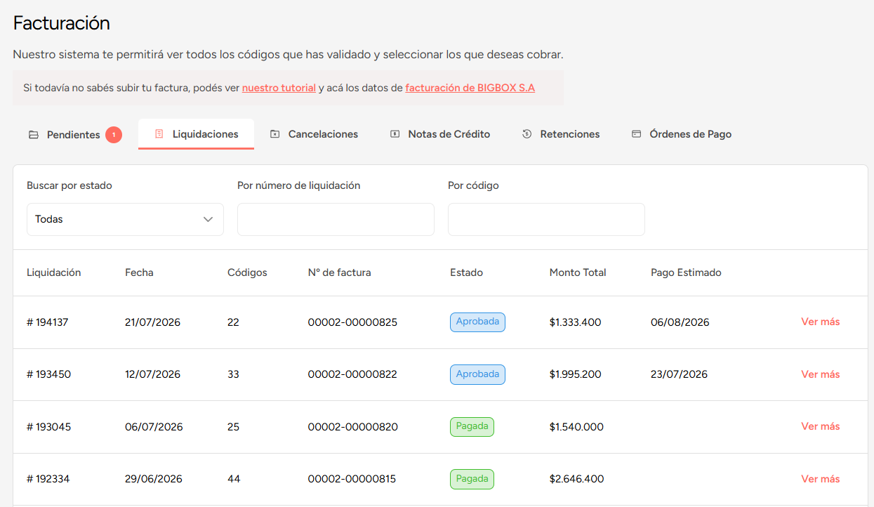 Listado de liquidaciones con número, fecha, códigos, factura, estado, monto total y pago estimado