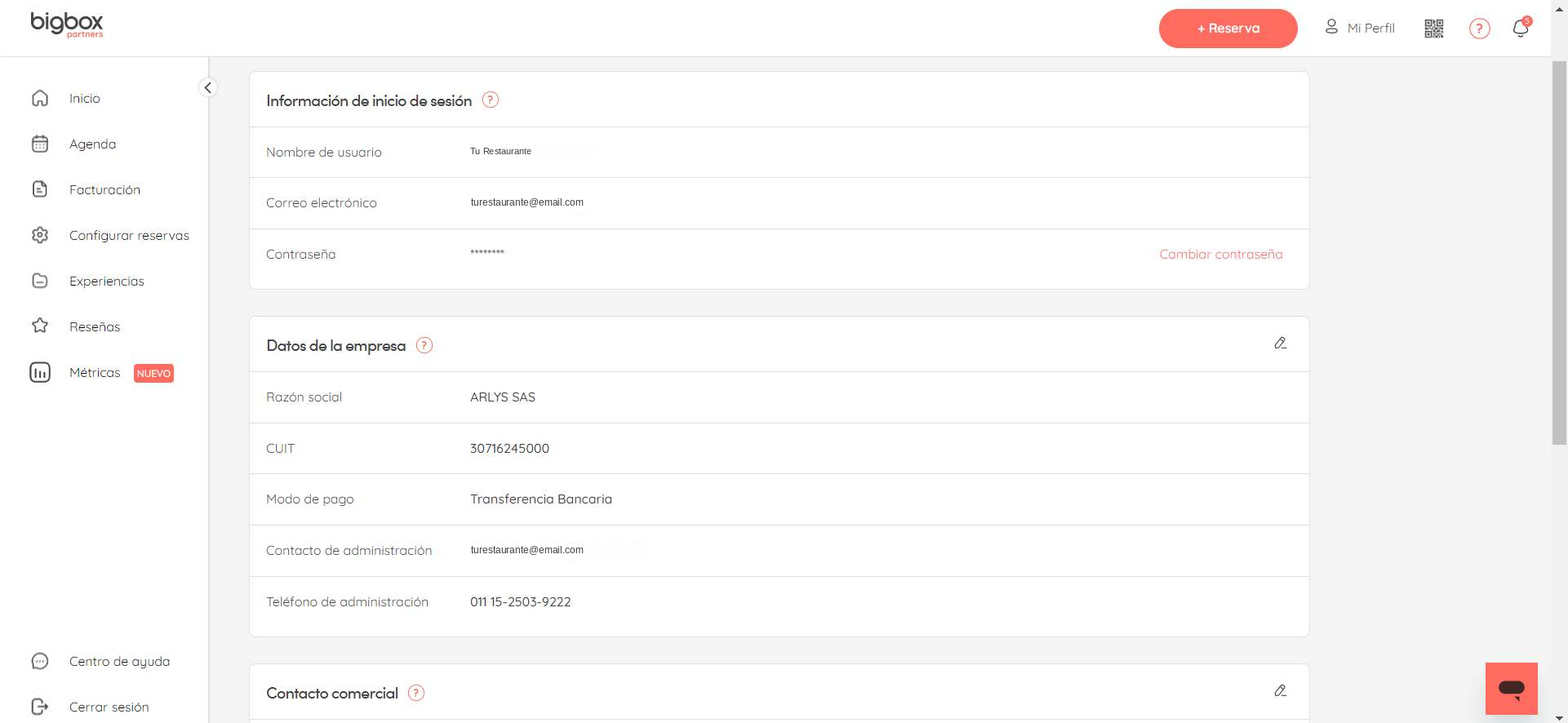 Pantalla de perfil con información de inicio de sesión y datos de la empresa