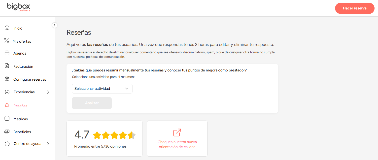 Pantalla de Reseñas con la herramienta de resumen mensual por actividad