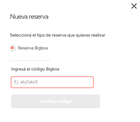 Modal de Nueva reserva con opción de ingresar código Bigbox