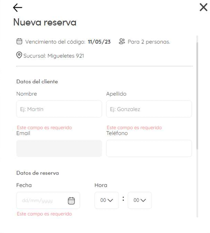 Formulario de Nueva reserva con datos del cliente y de la reserva